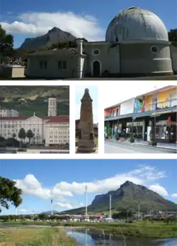 Top: One of the historic buildings at the former Royal Observatory, Cape of Good Hope. Middle left: Groote Schuur Hospital. Centre Middle: A World War I monument. Middle right: Cafes on lower main road in Observatory. Bottom: Observatory's soccer and hockey stadium looking towards Devil's Peak.