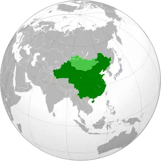 Map of the Republic of China (excluding the de facto independent Tibet) and its occupation of the Outer Mongolia and Uryankhay Krai regions (shown in light green).