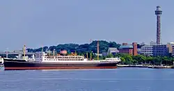 Hikawamaru moored at Yamashita Park and Yokohama Marine Tower