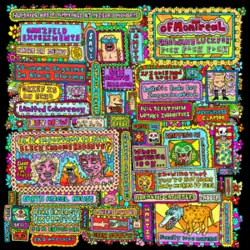 Assorted colorful text boxes and cartoon drawings resembling ads