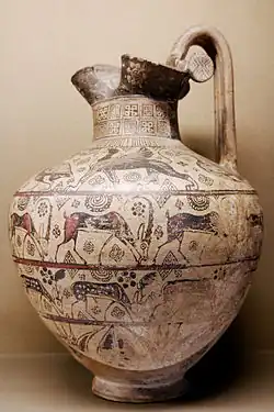 Ancient Greek oenochoe with wild goats, 625–600 BC