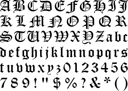 Modern interpretation of blackletter script in the form of the font "Old English" which includes several anachronistic glyphs, such as Arabic numerals, ampersand (instead of Tironian et) and several punctuation marks, but lacks letter alternatives like long ⟨s⟩ and ⟨r⟩ rotunda, scribal abbreviations and ligatures, and contains several relatively modern versions of letters such as ⟨x⟩, which is confusable with the letter ⟨r⟩.