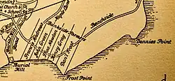 The map is a print reproduction of a hand-drawn map, within the cover of the book "Greens Farms Connecticut: The Old West Parish" by author George Penfield Jennings, self-styled "Squire of Elmstead" (published 1933 by The Congregational Society of Greens Farms). The map, which is only part of a larger map not in the picture, depicts the (theoretical) land claims of the Bankside farmers, overlaid with contemporary landmarks. Five long, thin, partially diagonal rectangles depict these land claims, starting from the Long Island Sound and ending at an unclear border not far inland. There are names of the Bankside Farmers in each rectangle, from left to right (West to East) these names are: Francis Andrews, John Green, Thomas Newton (abbreviated as Thos. Newton), Henry Gray, and Daniel Frost (abbreviated as Dan'l Frost). The rectangles are all intersected by a road called Beachside Avenue, and the rectangle of Francis Andrews is intersected by Maple Lane, which connects into Beachside Avenue. On the left and rightmost bottom corners of the respective rectangles, two landmarks are present. The first, slightly to the left of Francis Andrews' plot is Burial Hill, depicted by a small square, and is connected to Burial Hill Road, which terminates into Beachside Avenue. In the rightmost square of Daniel Frost, intersecting his plot is Frost Point, which demarked by a slight jutting out of the shoreline. Further right (East) up the coast, a small distance from the plots is Dennies Point. In the top left of the picture, several markers indicate more roads, a church, a school, and a hill, the exact names of which have been cut off by the picture.