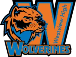 Logo of Omaha Westview High School, consisting of a wolverine head overlaid on an orange and blue letter W, with "Westview High" located in the right. Underneath, the text "Wolverines" is displayed.