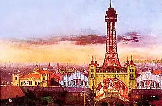 Shinsekai Luna Park, ca. 1912. An aerial tramway connected the amusement park with the original Tsutenaku Tower. The park closed in 1923; the tower was dismantled in 1943.