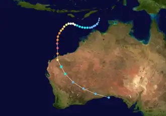 A map of a path across the eastern Indian Ocean near Australia. Most of the country can be seen in the right side of the image. Some of the Indonesian islands are visible at the top.