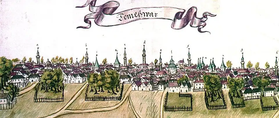 Ottendorf's veduta, a view from the north side of the fortress. Here: a–h indicate 8 minarets of mosques; i&nbsp;— the tower of Azaps gate (P); k&nbsp;— the Water Gate tower (Q); l&nbsp;— the Rooster Gate tower (O); m&nbsp;— four of them are the towers of the castle, and one is the Water Tower; n&nbsp;— the tower of the Blood Gate (S).[49][96]