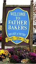Welcome sign for Fr. Baker's basilica and parish.
