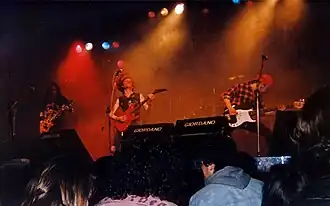 Outpatients performing at Halley in Buenos Aires, Argentina 1992. Left to right: Marc Lichtenstein, Vis Helland, and Scott Helland