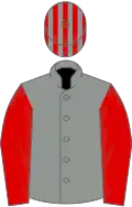 Grey, red sleeves, striped cap