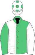 EMERALD GREEN and WHITE HALVED, sleeves reversed, white cap, green spots