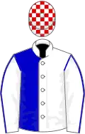 White and blue (halved), white sleeves, blue seams, red and white checked cap