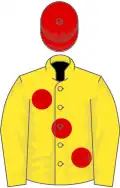 Yellow, large red spots, red cap