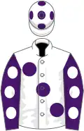 White, large purple spots, purple sleeves, white spots, white cap, purple spots