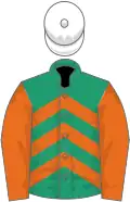 Emerald green and orange chevrons, orange sleeves, white cap