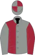 Grey and maroon (halved), sleeves reversed, quartered cap