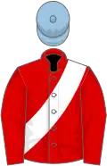 Red, white sash, light blue cap