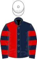 Dark blue and red halved, hooped sleeves, white cap
