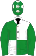 White and green (quartered), green sleeves, green cap, white spots