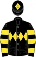 Black, yellow triple diamond, hooped sleeves, diamond on cap