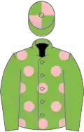 Light green, pink spots, light green sleeves, quartered cap