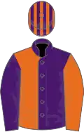 Purple and orange halved, sleeves reversed, striped cap