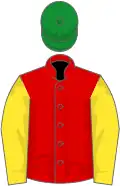Red, yellow sleeves, green cap