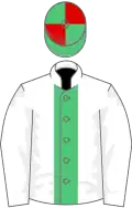 White, emerald green stripe, green and red quartered cap