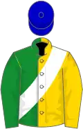 Gold and green halved, white sash, blue cap