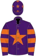 Purple, orange star, hooped sleeves and stars on cap