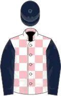 White and pink check, dark blue sleeves and cap