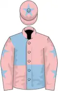 Pink and light blue (quartered), pink sleeves, light blue stars, pink cap, light blue star