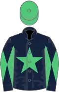 Dark blue, emerald green star, diabolo on sleeves, emerald green cap