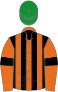 Orange and black stripes, orange sleeves, black armlets, green cap