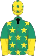 Emerald green, yellow stars, emerald green and yellow halved sleeves, yellow cap, emerald green stars