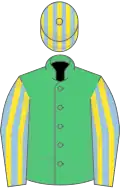 Emerald green, light blue and yellow striped sleeves and cap