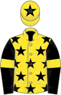 Yellow, black stars, black sleeves, yellow armlets, yellow cap, black star