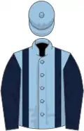 Light blue, dark blue braces, dark blue sleeves, light blue cap