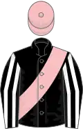 Black, white striped sleeves, pink sash and cap