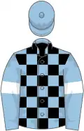 Light blue and black check, light blue sleeves, white armlets, light blue cap