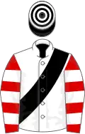 White, black sash, red and white hooped sleeves, black and white hooped cap