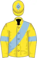 Yellow, light blue sash, armlets and diamond on cap