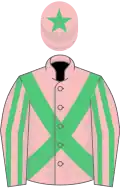 Pink, emerald green cross belts, pink and emerald green striped sleeves, pink cap, emerald green star