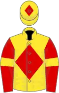 Yellow, red diamond, red sleeves, yellow armlets, yellow cap, red diamond