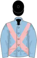 Light blue, pink cross belts, black cap