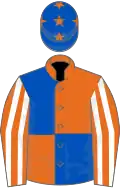 Orange and royal blue (quartered), orange and white striped sleeves, royal blue cap, orange stars