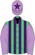 Emerald green and purple stripes, mauve sleeves, mauve cap, purple star