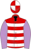 Red and white hoops, mauve sleeves, red and white quartered cap