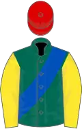 Dark Green, Royal Blue sash, Yellow sleeves, Red cap