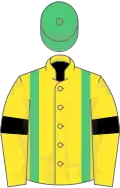 Yellow, emerald green braces, yellow sleeves, black armlets, emerald green cap